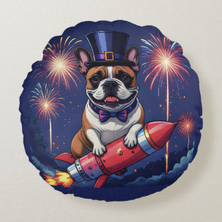 Französische Bulldogge Neujahr lustig  Rakete Round Cushion