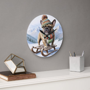 Französische Bulldogge Schlittenfahrt Large Clock