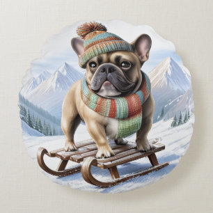 Französische Bulldogge Schlittenfahrt Round Cushion