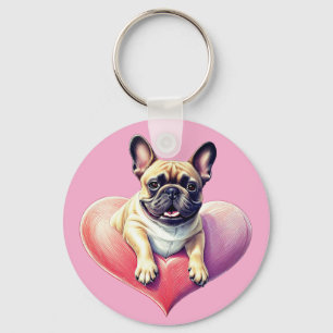 Französische Bulldogge Springt aus Herz Key Ring