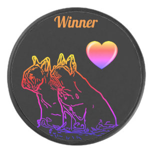 französische Bulldogge zwei Freunde Eishockey Puck