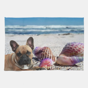 Französische Bulldoggen am Strand Geschirrtuch Tea Towel
