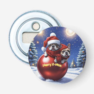 Französische Bulldoggen in roter Weihnachtskugel Bottle Opener