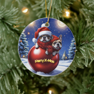 Französische Bulldoggen in roter Weihnachtskugel Ceramic Tree Decoration