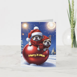 Französische Bulldoggen in roter Weihnachtskugel  Holiday Card