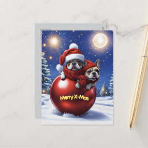 Französische Bulldoggen in roter Weihnachtskugel Holiday Postcard