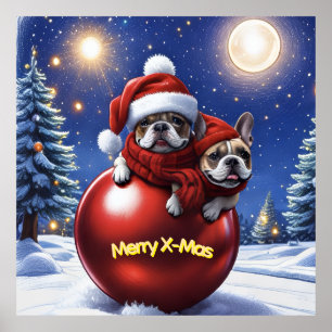 Französische Bulldoggen in roter Weihnachtskugel Poster