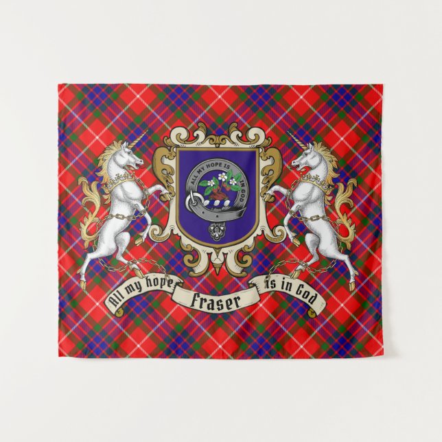 Fraser Clan Badge & Unicorns w/Tartan  Tapestry (Front (Horizontal))