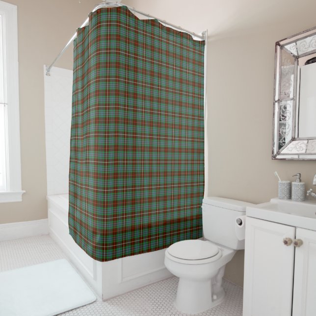 Fraser Clan Hunting Tartan Green and Brown Plaid Shower Curtain (In Situ)