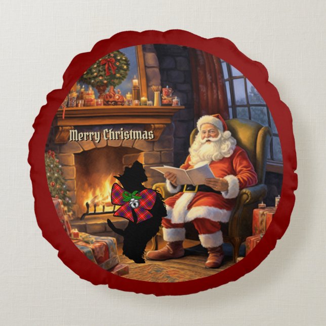 Fraser Scottie Dog & Santa Personalised Xmas Round Cushion (Front)