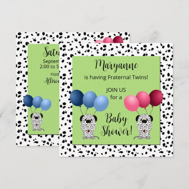 Fraternal Twins Dalmatians Green Baby Shower Invitation (Front/Back)