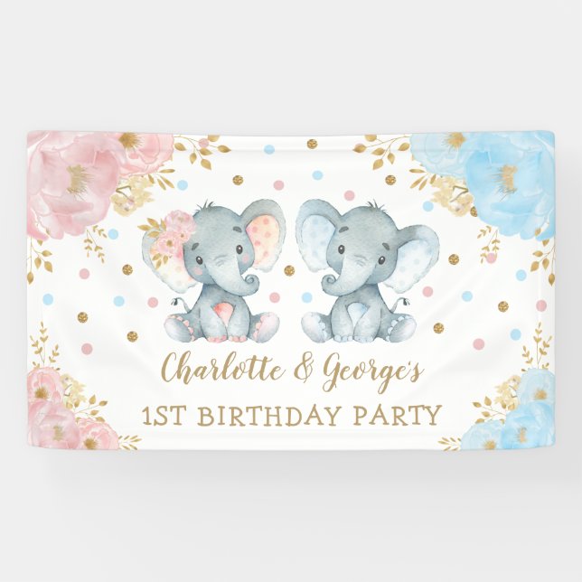 Fraternal Twins Elephant Wild One 1st Birthday Banner (Horizontal)