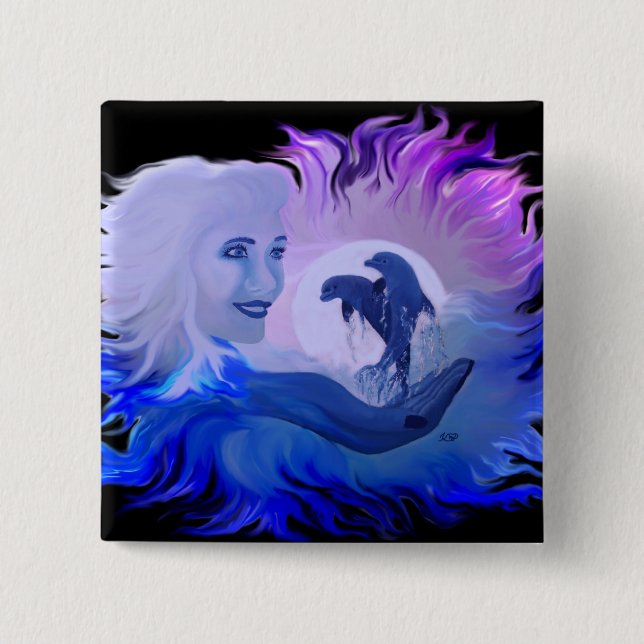 Frau mit Delfine im Mondschein 15 Cm Square Badge (Front)