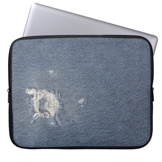 Frayed Blue Denim Hole Laptop Sleeve (Front)