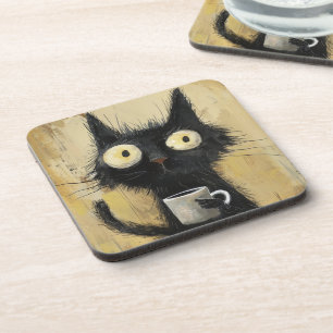 Frazzled Black Cat with Coffee on Grunge Brown Coaster