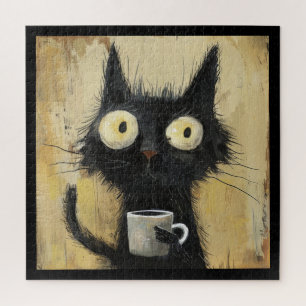 Frazzled Black Cat with Coffee on Grunge Brown Jigsaw Puzzle