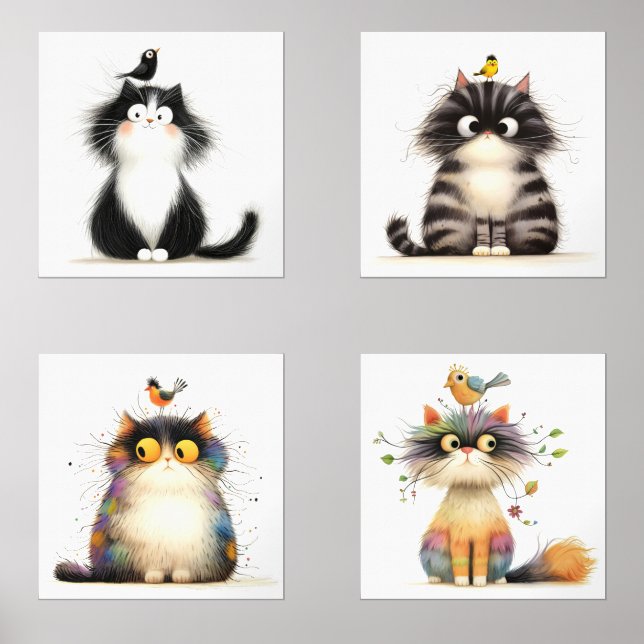 Frazzled Cats With Bird Watercolor Wall Prints (Front)