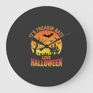 Freakin Bats Love Halloween Haunted Castle Design_ Large Clock