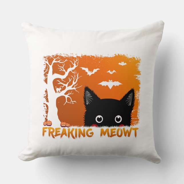 Freaking Meowt – Cute Spooky Black Cat Halloween Cushion (Front)
