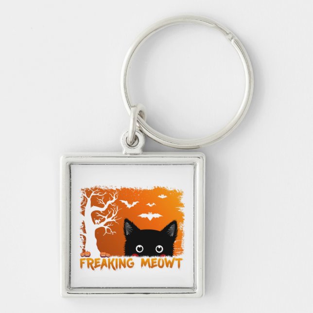 Freaking Meowt – Cute Spooky Black Cat Halloween Key Ring (Front)