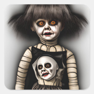 Freaky Scary Spooky Old Doll Halloween Square Sticker
