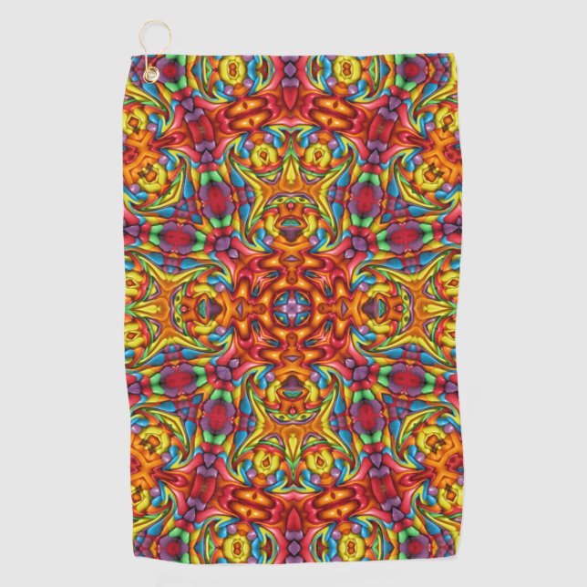 Freaky Tiki Red Vintage Fractal Kaleidoscope Golf Towel (Front)