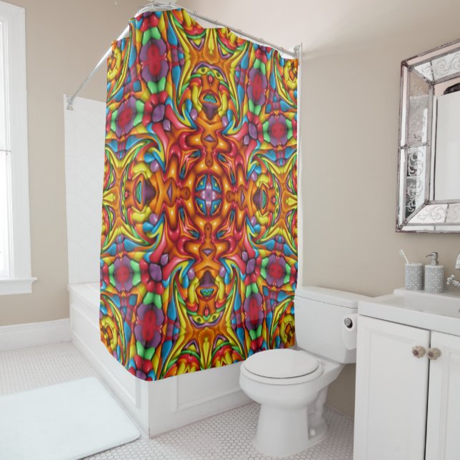 Freaky Tiki Red Vintage Fractal Kaleidoscope Shower Curtain (In Situ)