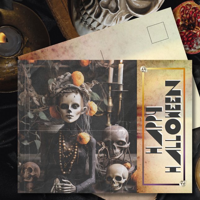 Freaky Vintage Halloween Skeleton's Midnight Vigil Holiday Postcard (Creator Uploaded)