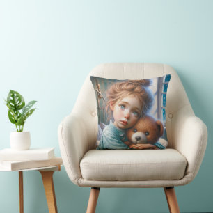 Freckled Girl Hugging a Teddy Bear Cushion