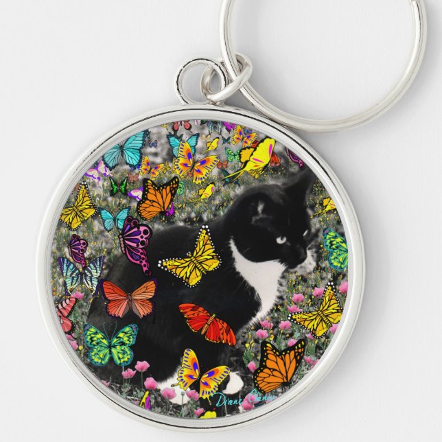 Freckles in Butterflies - Black & White Tux Cat Key Ring (Front)