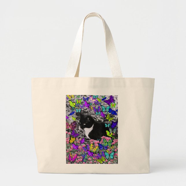 Freckles in Butterflies II - Tux Kitty Cat Large Tote Bag (Front)