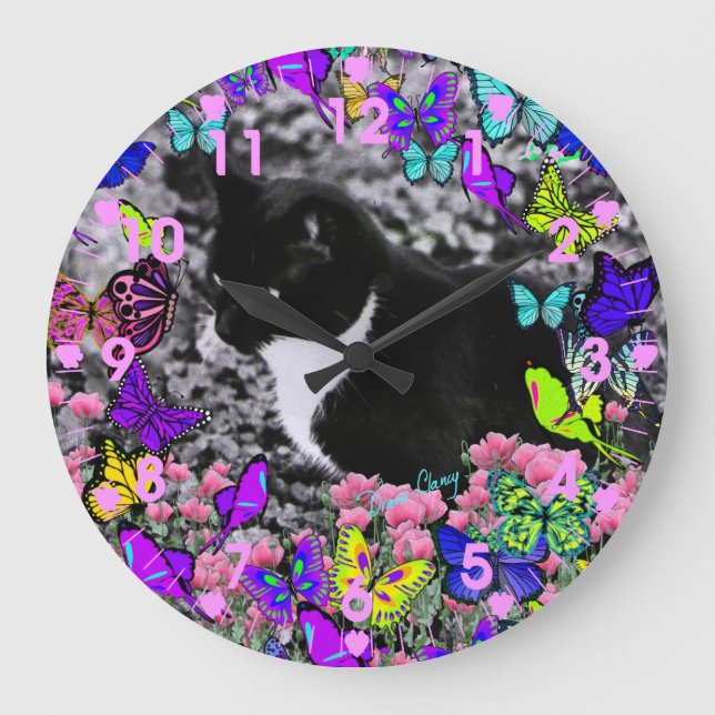 Freckles in Butterflies II - Tuxedo Cat Clock (Front)