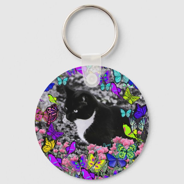 Freckles in Butterflies II - Tuxedo Cat Key Ring (Front)