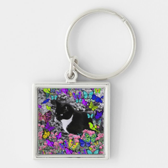 Freckles in Butterflies II - Tuxedo Cat Key Ring (Front)