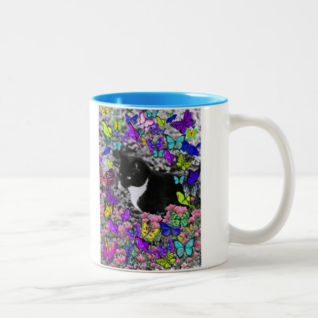 Freckles in Butterflies II - Tuxedo Cat Two-Tone Coffee Mug (Right)