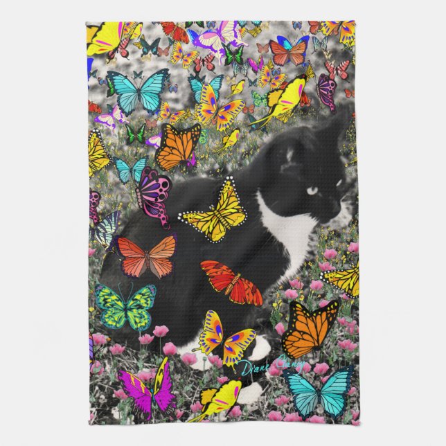 Freckles in Butterflies - Tuxedo Kitty Tea Towel (Vertical)