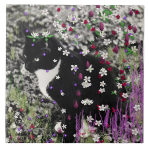 Freckles in Flowers I - Black White Tuxedo Kitty Tile