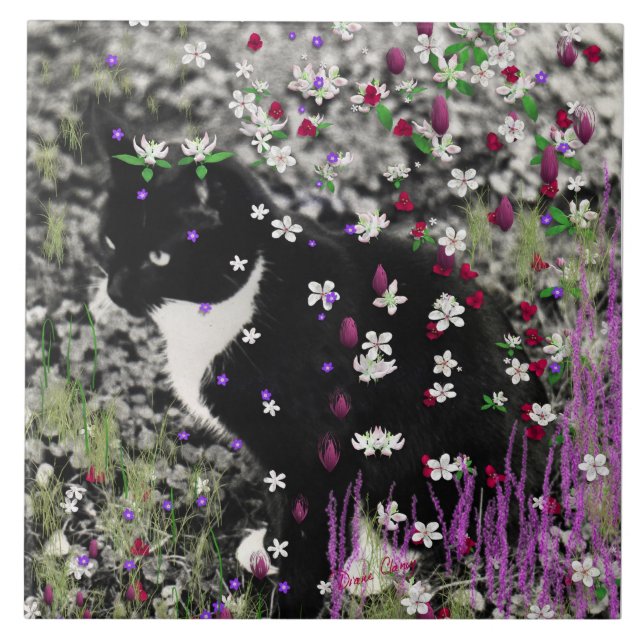 Freckles in Flowers I - Black White Tuxedo Kitty Tile (Front)