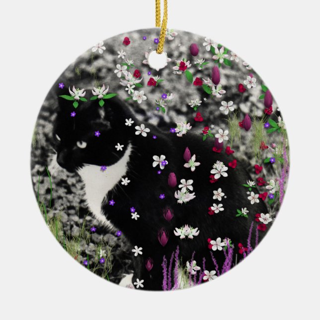 Freckles in Flowers I - Tux Cat Ceramic Tree Decoration (Front)