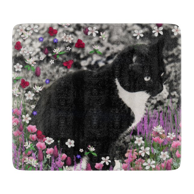 Freckles in Flowers II, Tuxedo Kitty Cat Cutting Board (Front)