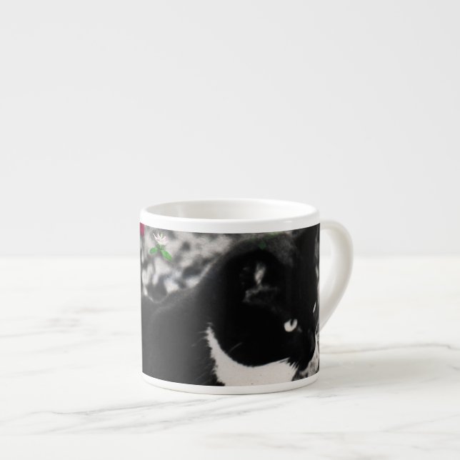 Freckles in Flowers II - Tuxedo Kitty Cat Espresso Cup (Front Right)