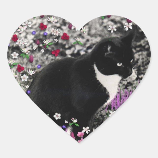 Freckles in Flowers II - Tuxedo Kitty Cat Heart Sticker (Front)