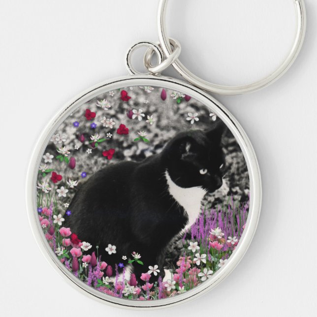 Freckles in Flowers II - Tuxedo Kitty Cat Key Ring (Front)