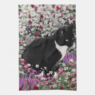Freckles in Flowers II - Tuxedo Kitty Cat Tea Towel
