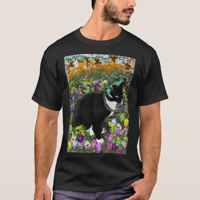Freckles, Tux Cat, in the Hunt for Easter Eggs T-Shirt (Front)