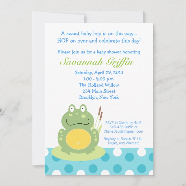 Freddy the Pond Frog Baby Shower 5x7 Invitation (Front)
