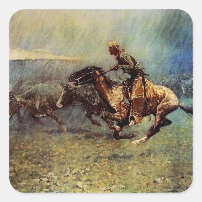 Frederick Remington Western Art “The Stampede” Square Sticker (Front)