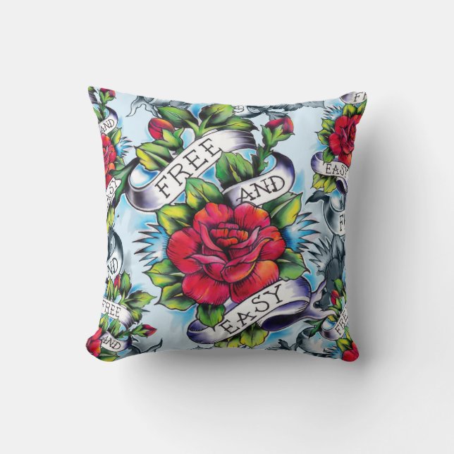 Free and Easy Americana Tattoo Rose pillow. Cushion (Front)