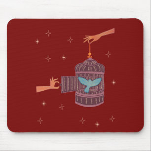 Free Bird Birdcage Folk Art Hands and Blue Bird Mouse Mat