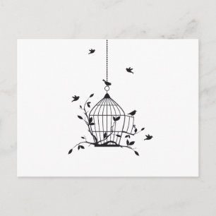 Free birds with open birdcage postcard